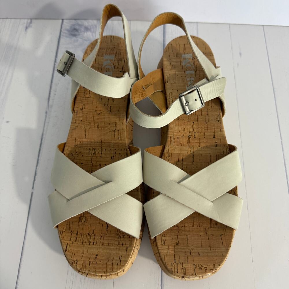 Korks Kalie Off-White Leather Cork Platform Wedge Strappy Sandals Women's Sz 11